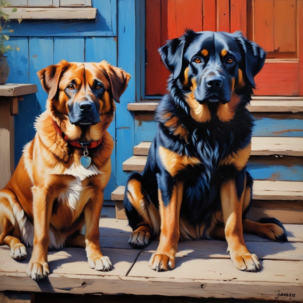 Blue and Red Dogs Relax on Rustic Porch