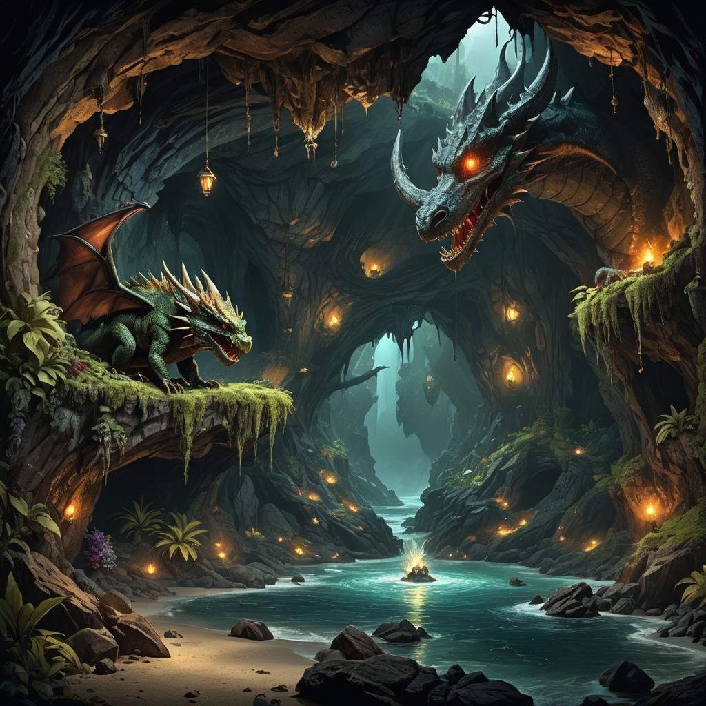 Dragon in Sea Cave: Detailed Matte Painting
