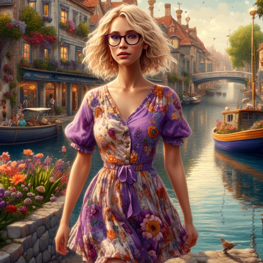 Woman in Floral Dress Walking in Coastal Town
