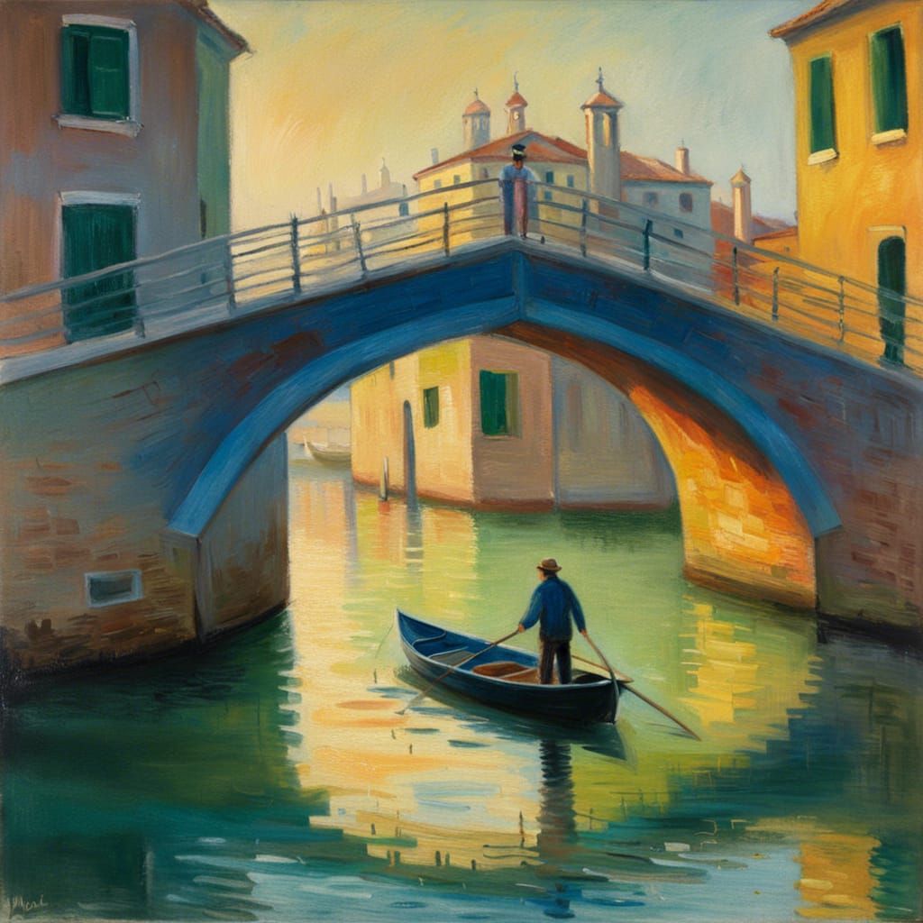 Venice Waterway: Impressionist Boatman in a Monet Style