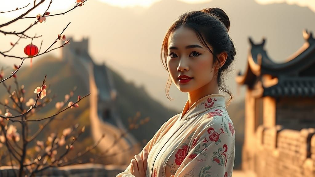 Chinese Woman Portrait at Great Wall in Golden Hour