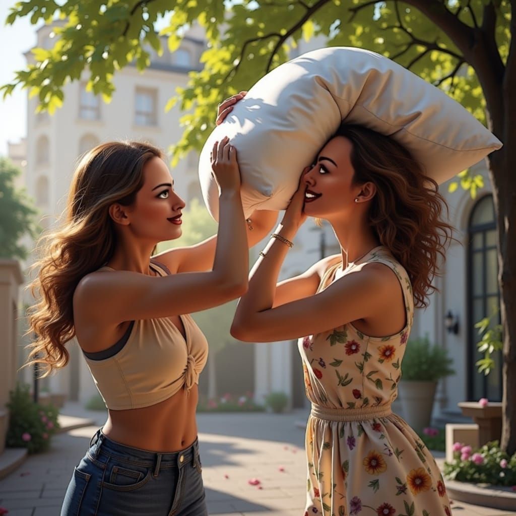 Surreal Pillow Fight Scene in a Modern Art Style