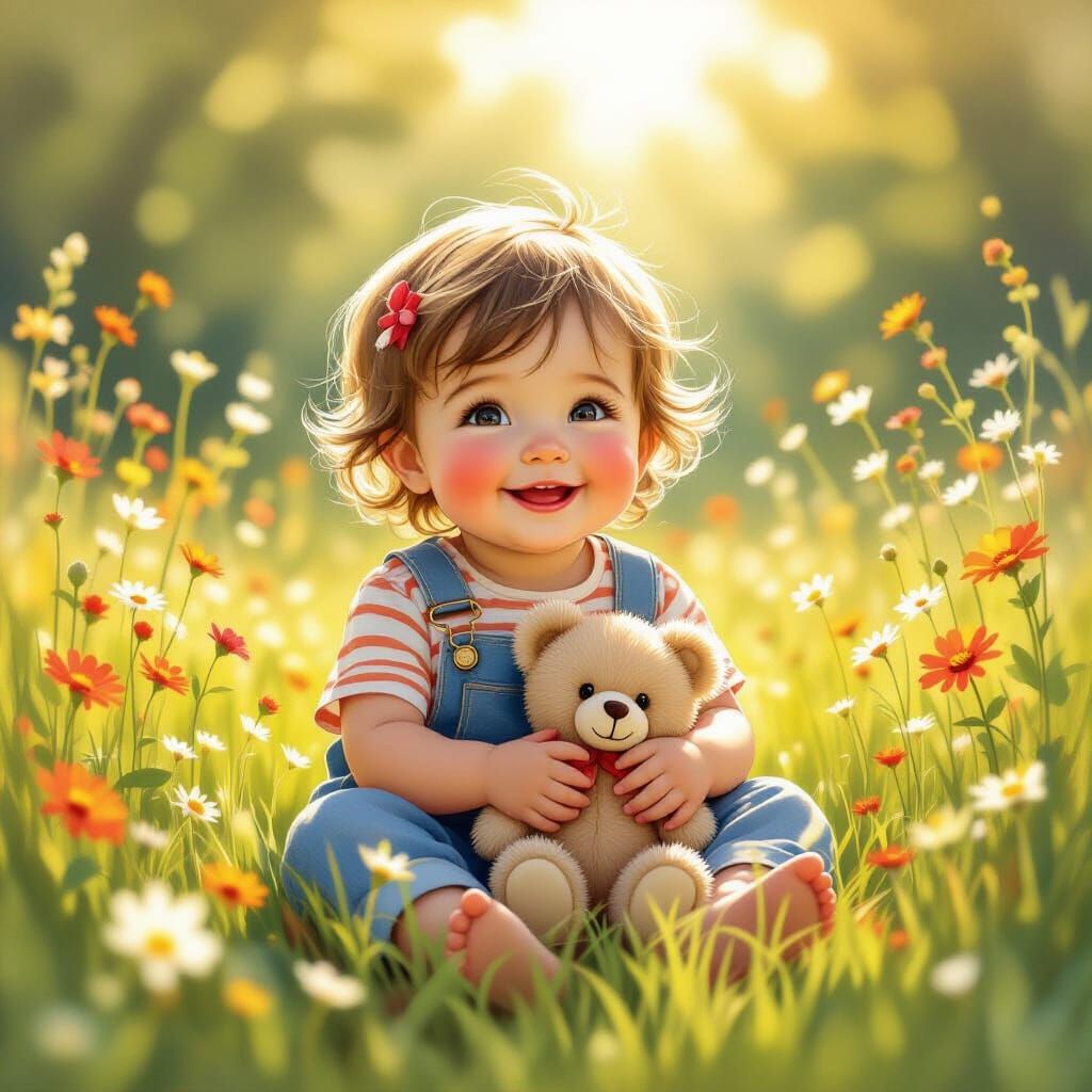 Joyful Toddler in Wildflower Meadow Storybook Style