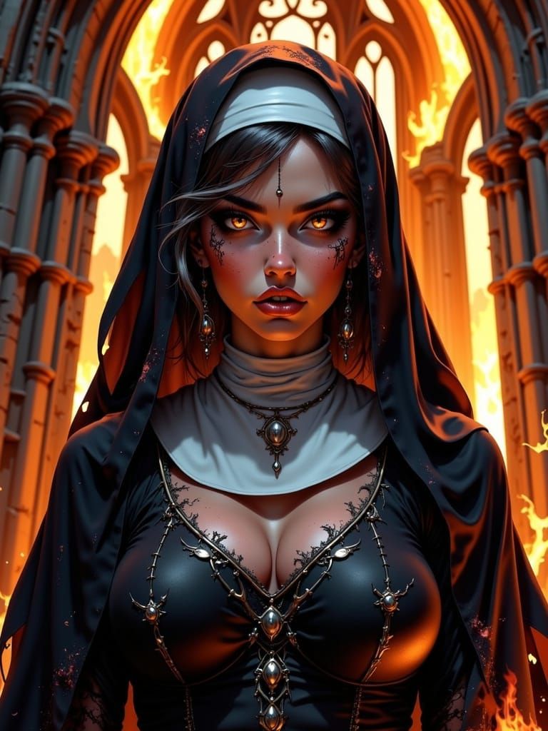 Sinister Nun Emerges from Gothic Ruins