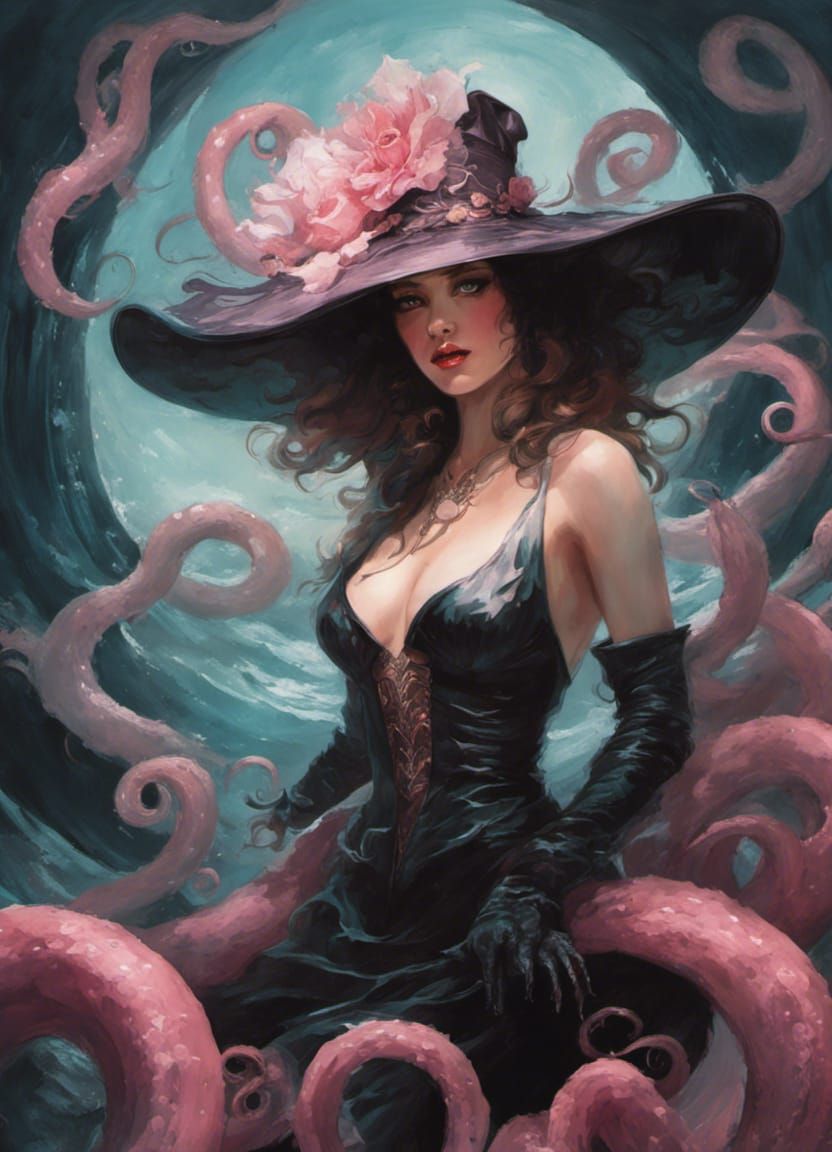 Pin-Up Ocean Witch with Pink Hat and Tentacles