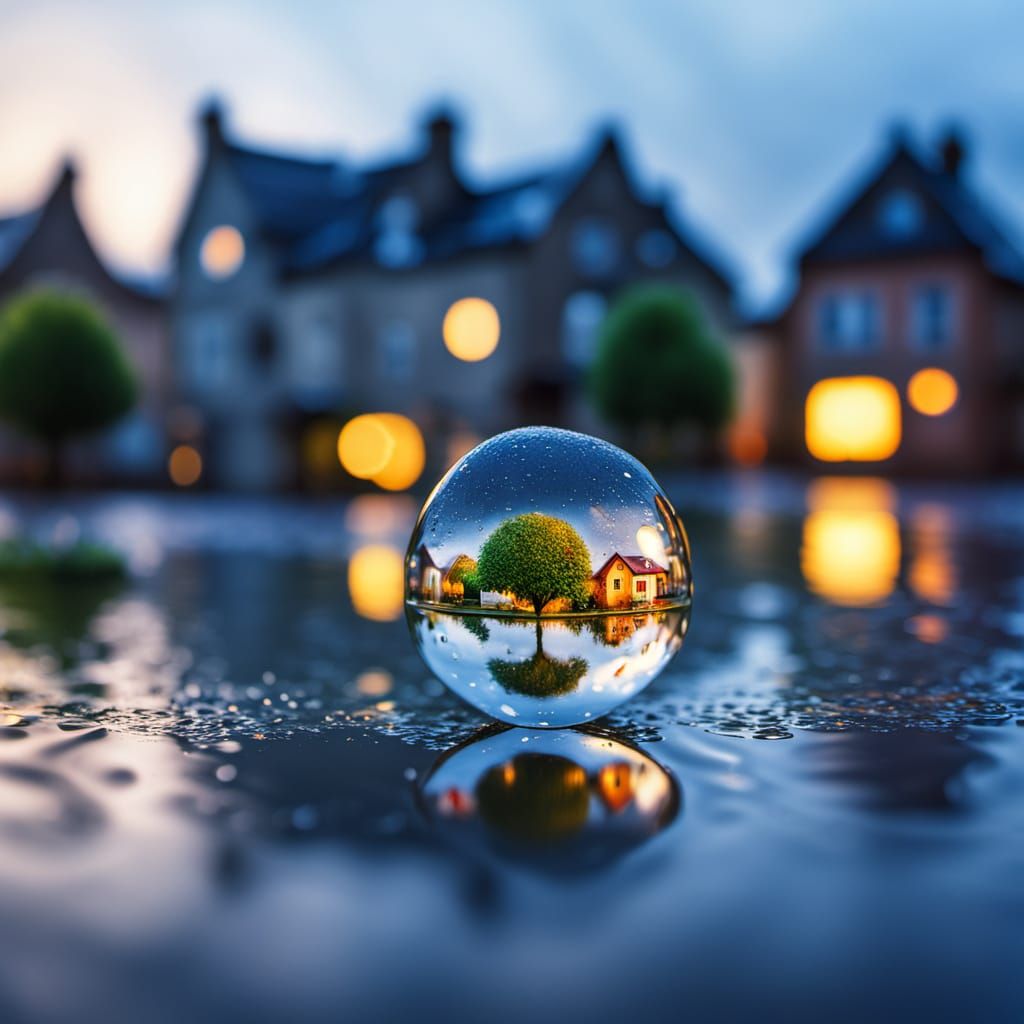 Surreal World Reflected in a Raindrop