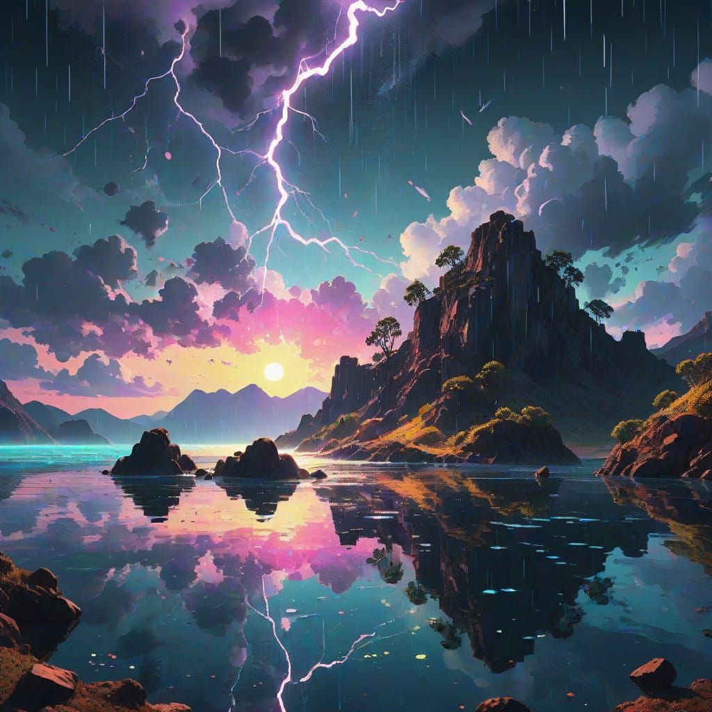 Surreal Cliffhanger Landscape with Vibrant Colors and Whimsi...