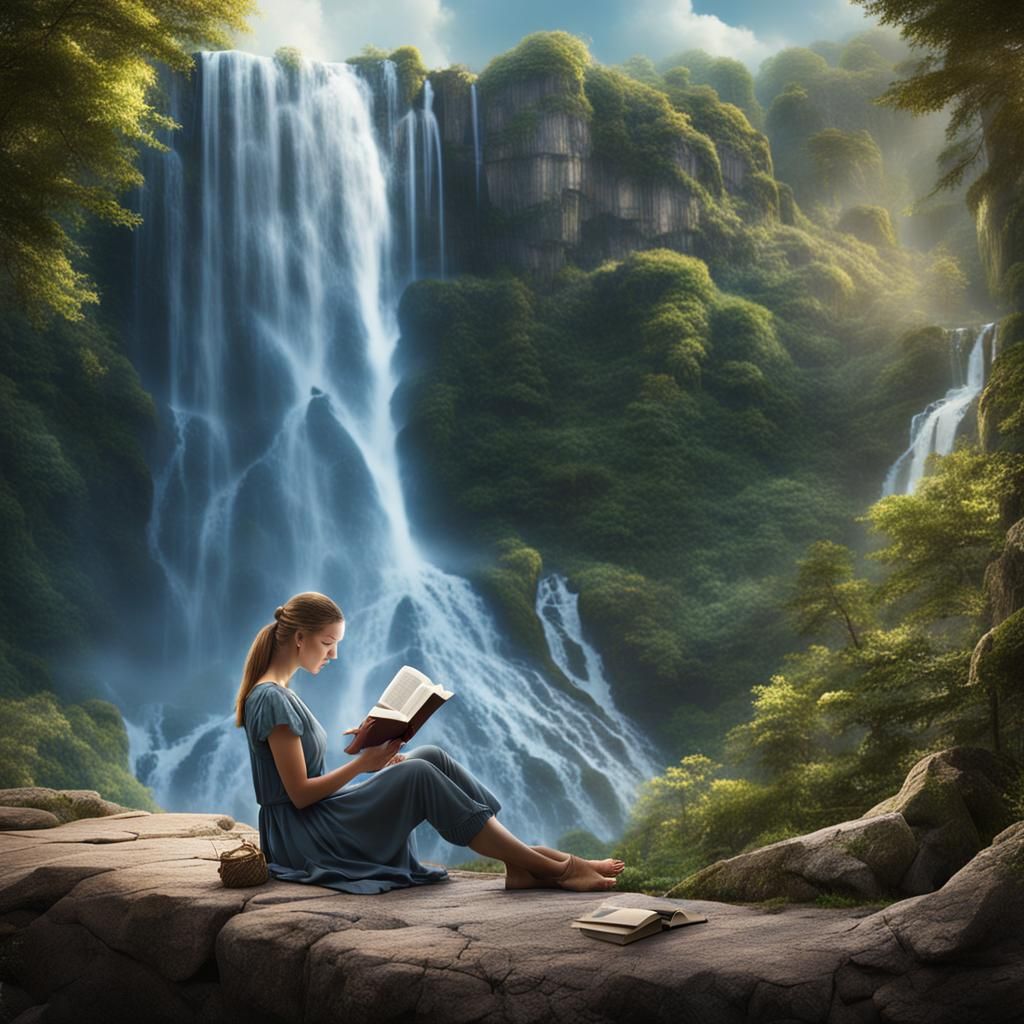 Woman Reading by Waterfall: Matte Painting