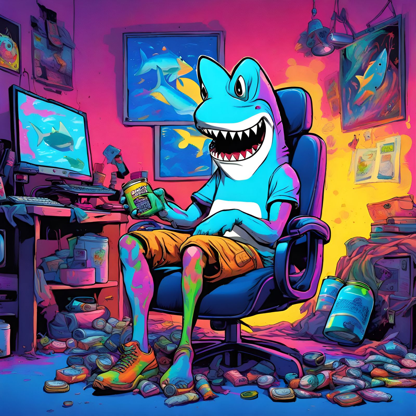 Cartoon Hammerhead Shark Gamer in Hyperrealistic Style