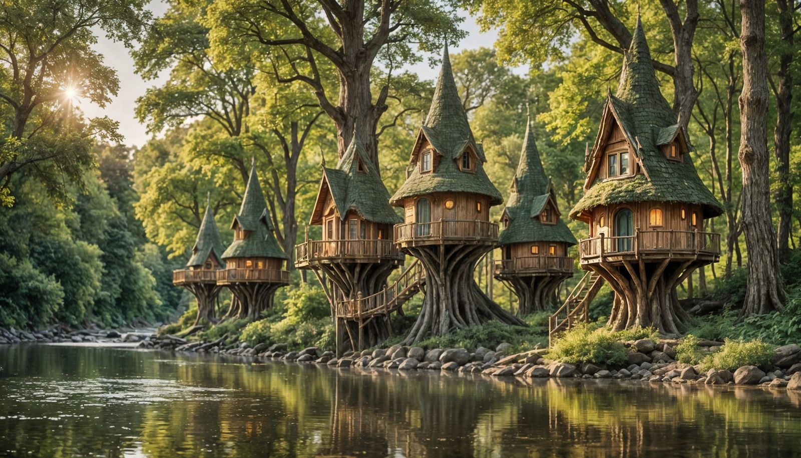 Enchanting Elven Treehouses Along River Shore
