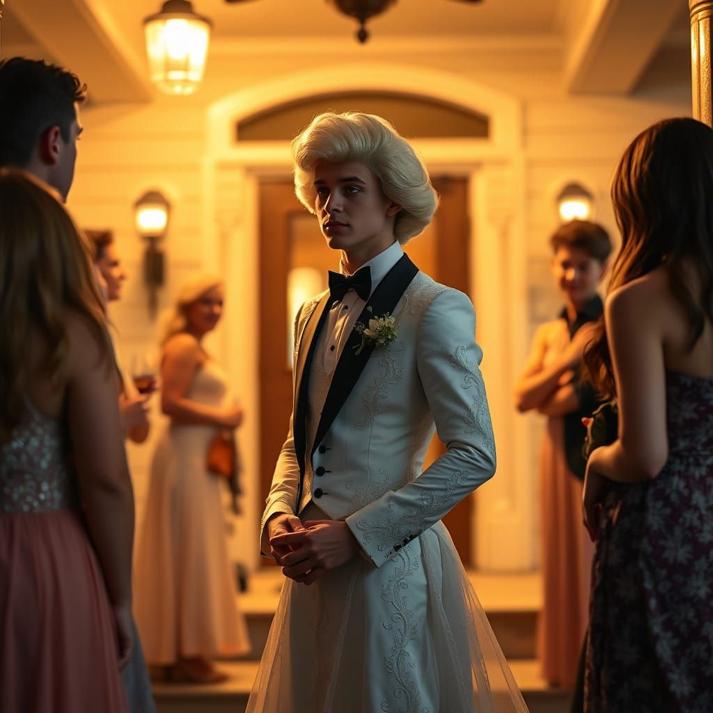 Elegantly Dressed Young Man Poses Confidently on Front Porch