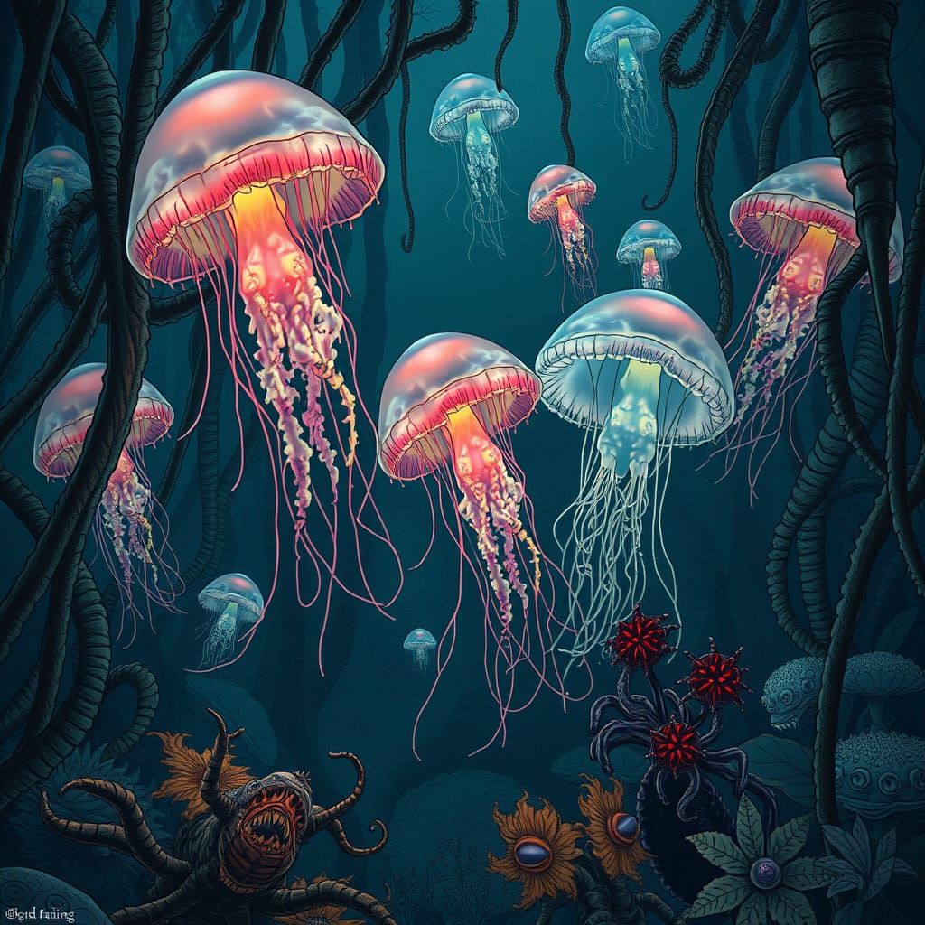 Bioluminescent Jellyfish in Dark Fantasy Comic Style