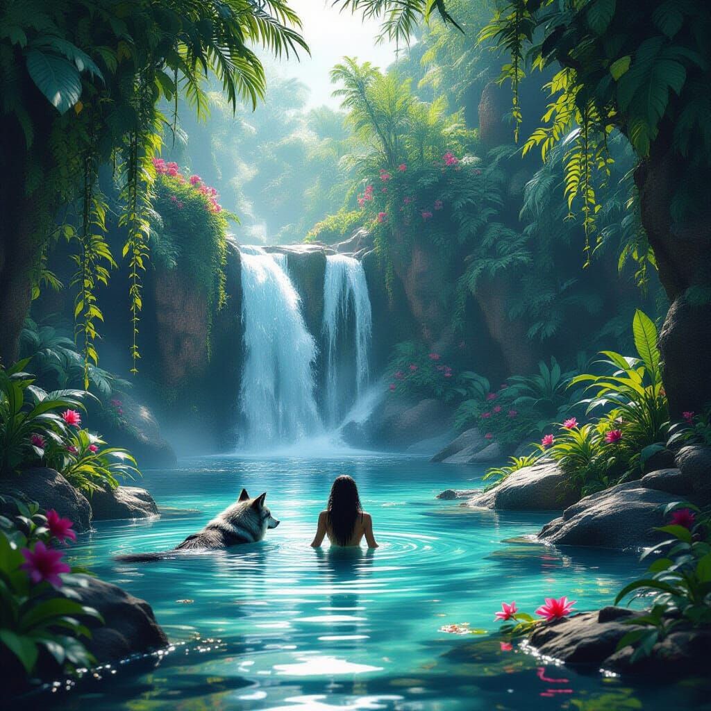 Alien Oasis with Huntress in Hyperrealistic Dark Fantasy