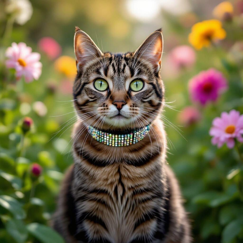 Tabby Cat with Piercing Green Eyes in Garden