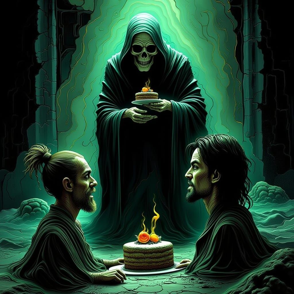 Grim Reaper Offers Cake or Death in Gothic Chamber