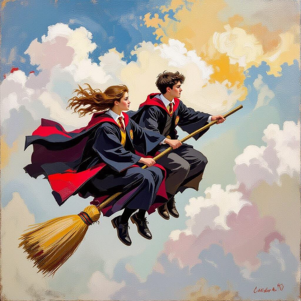 Hogwarts Students Flying Broomsticks in Expressive Oil Paint...