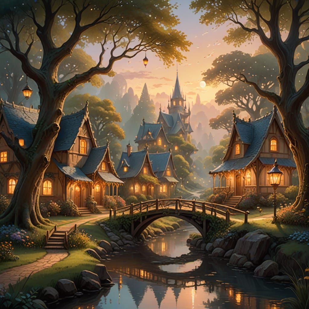 Whimsical Elf Village Amid Ancient Oak Trees in Golden Light