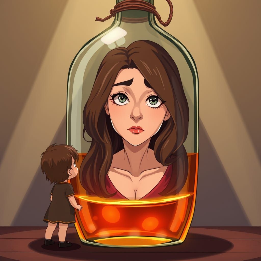 Surreal Anime Portrait of a Young Girl Confronting a Trapped...