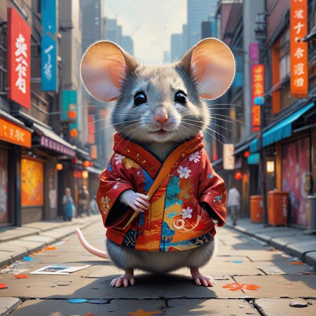 Vibrant Urban Mouse in Traditional Japanese Style