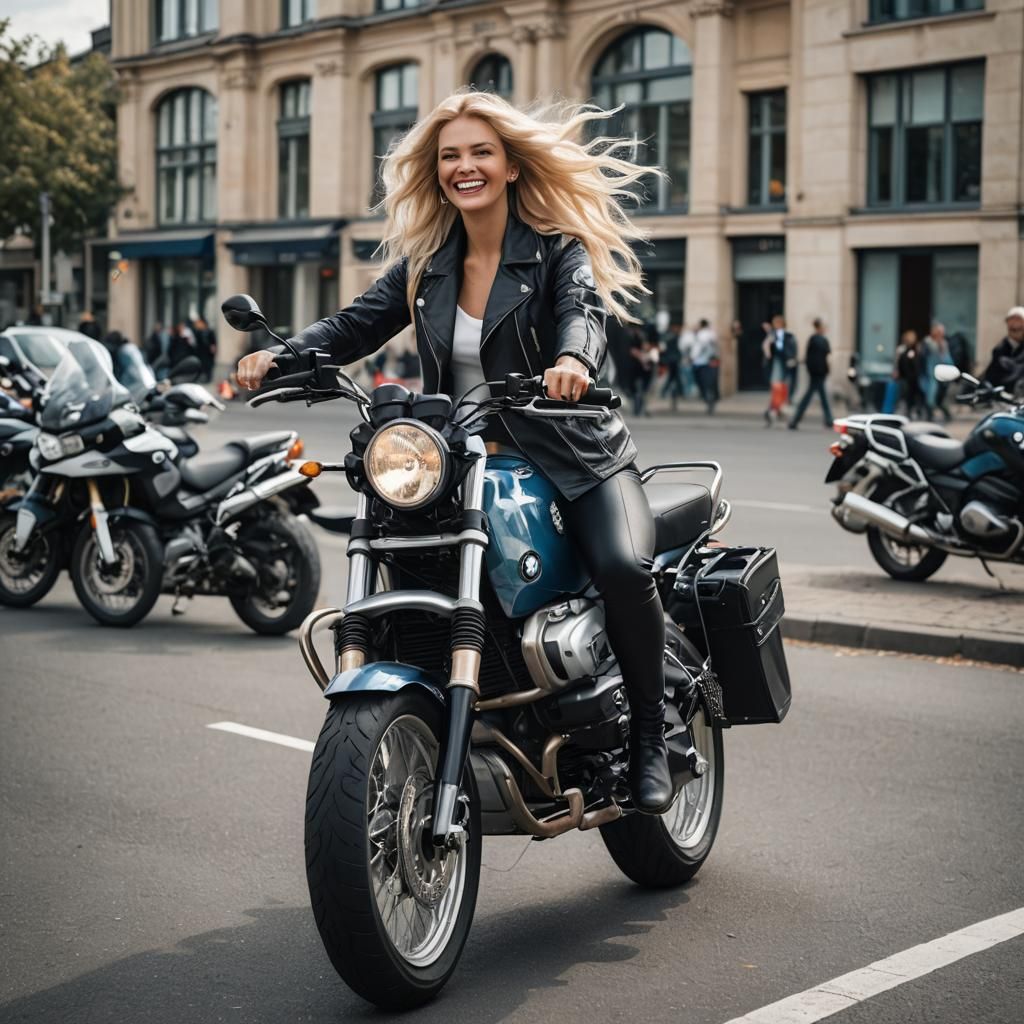 Biker Girl on Silver-Blue BMW R 75