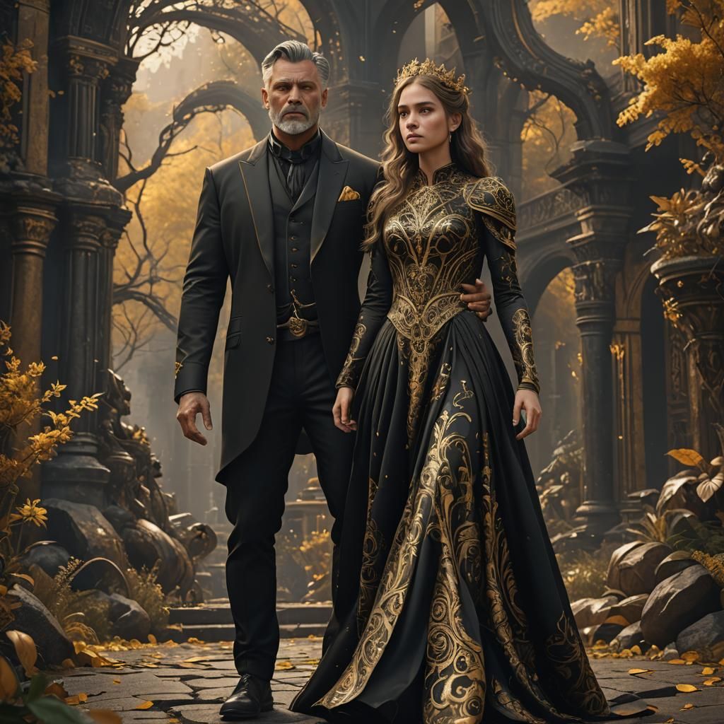 Father and Daughter in Golden Dresses: Fantasy Art