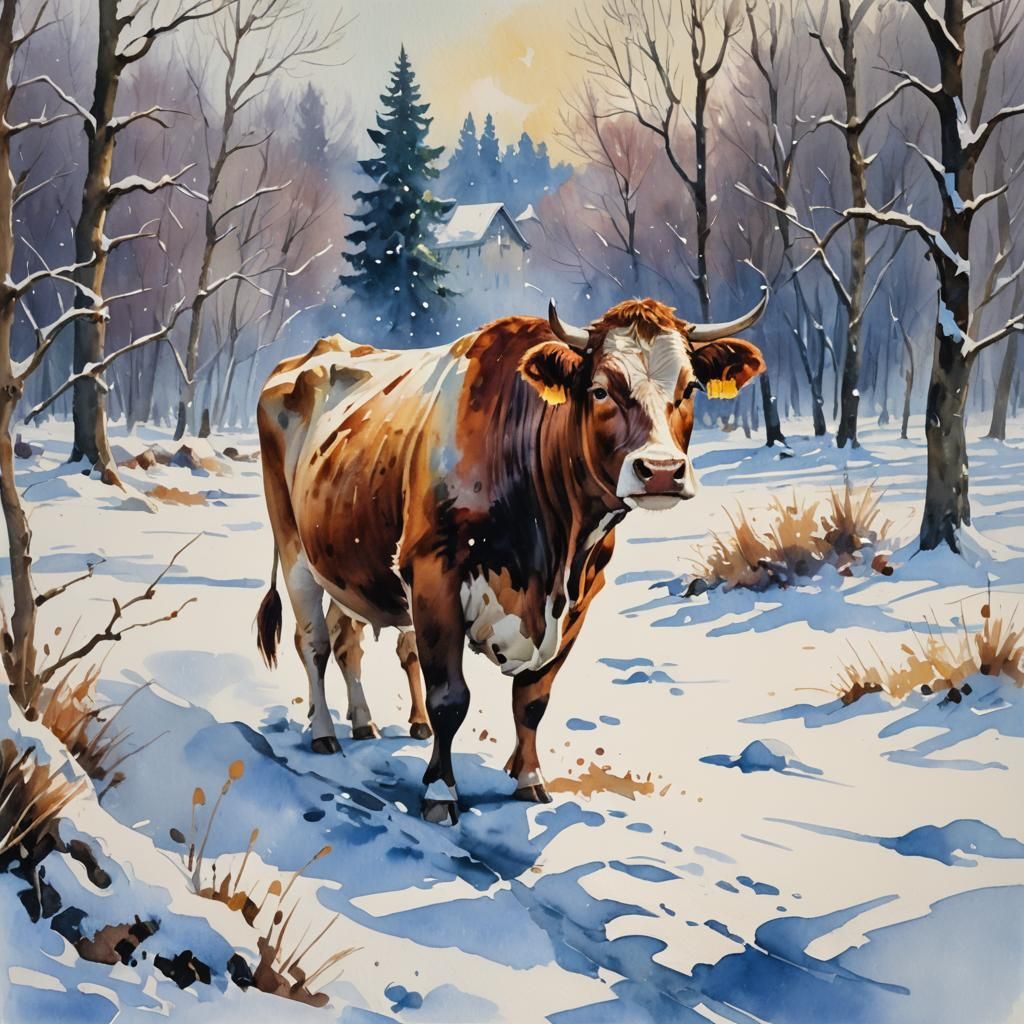 Cow in Snow: Gouache Watercolor Impressionist Painting