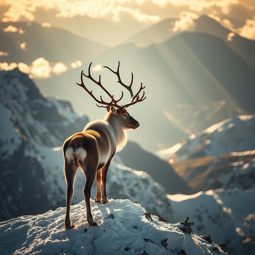 Elegant Reindeer on Snowy Mountain Peak