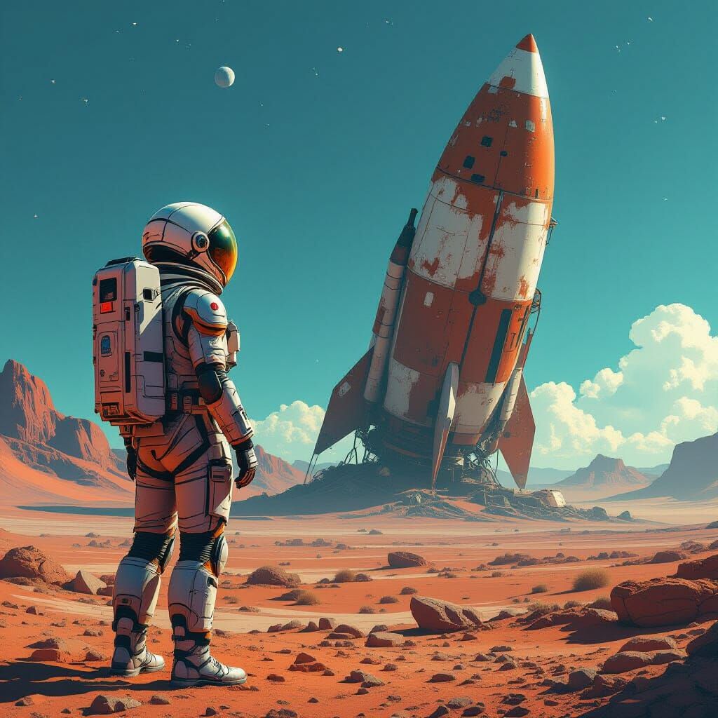 Astronaut and Crashed Rocket on Alien Planet