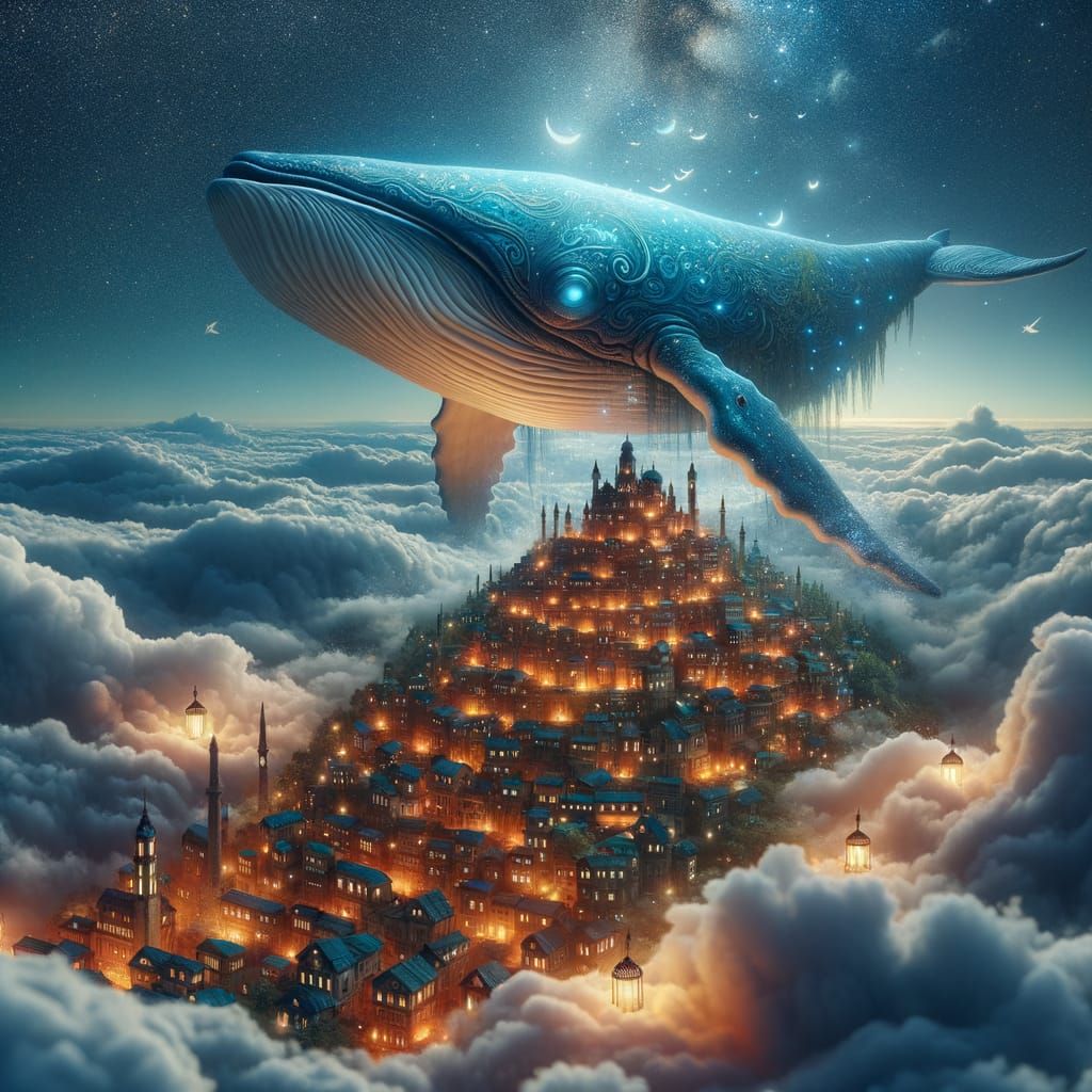 Mythical Whale Soars Above Starry Night Sky