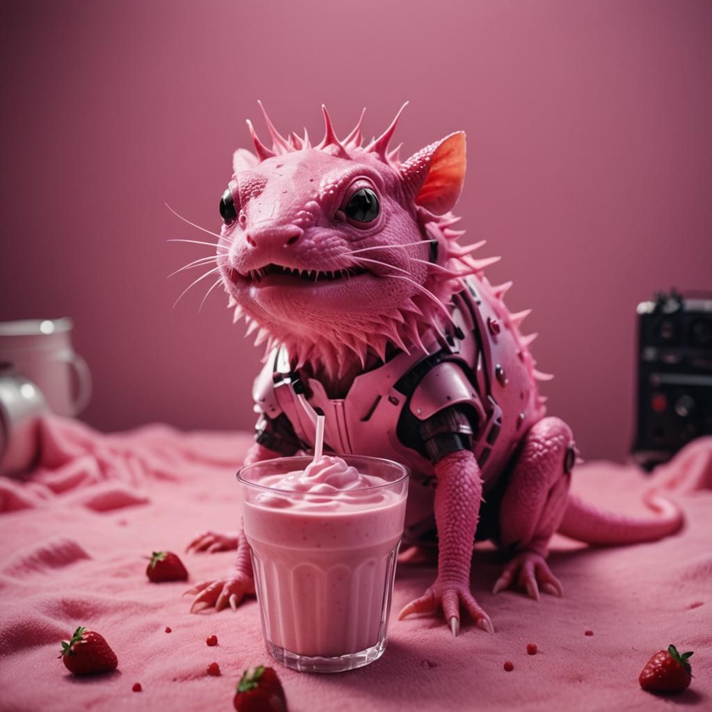 Cyborg Axolotl in Strawberry Milkshake Style