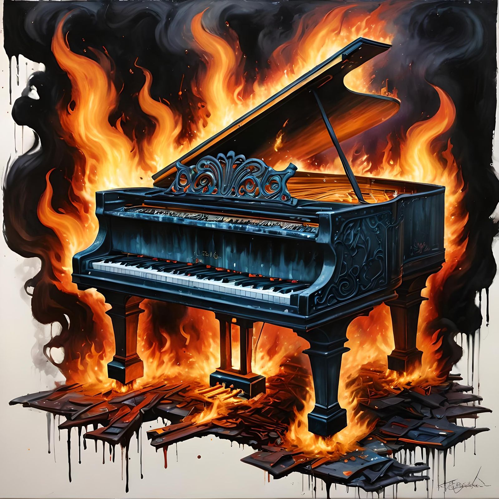 Burning Piano: Gothic Oil Painting with Fire