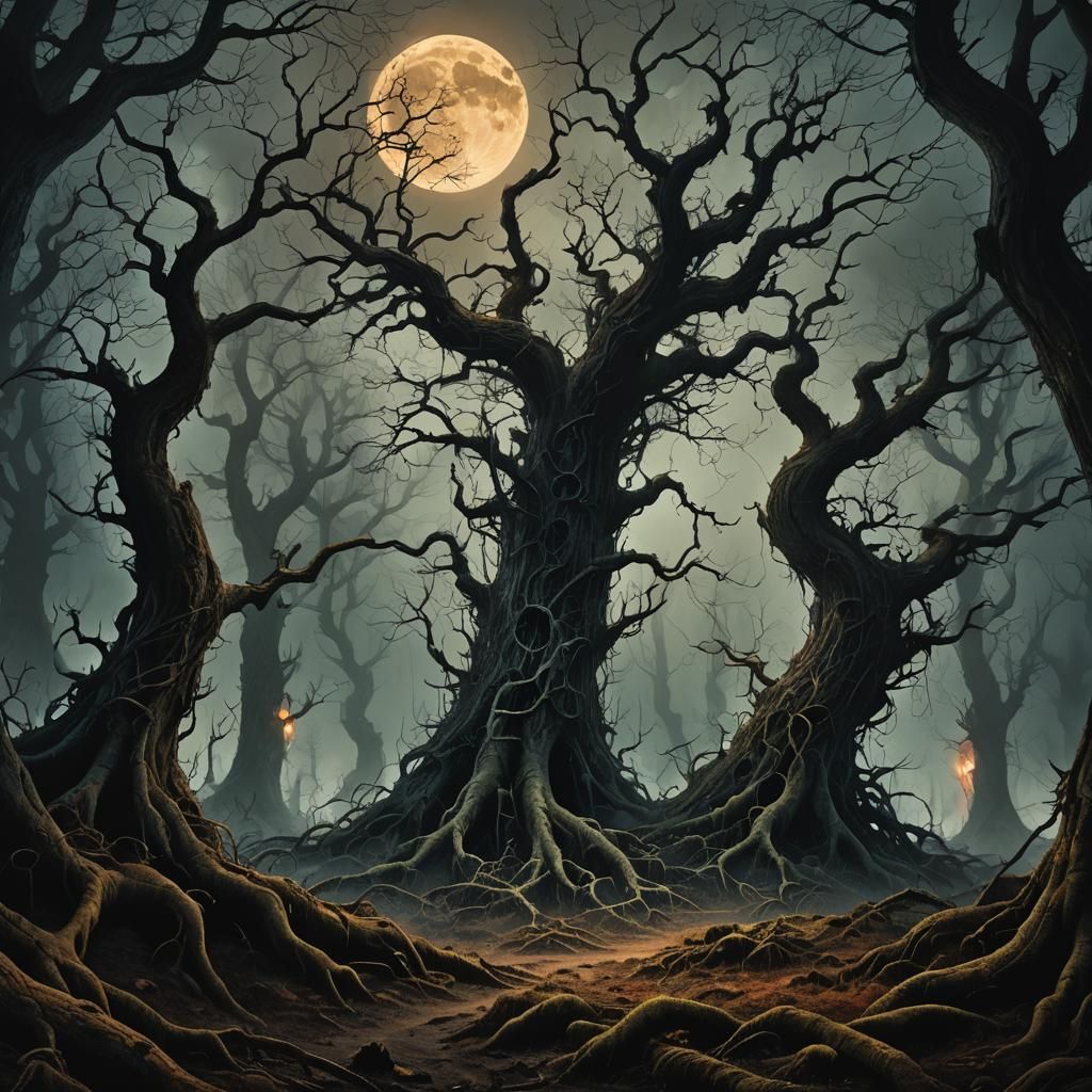 Eerie Dark Fantasy Forest Landscape in Surrealist Style