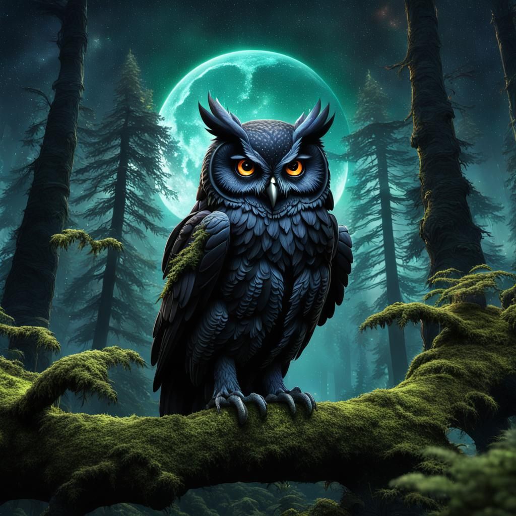Galactic Owl in Mossy Forest: Detailed Matte Painting