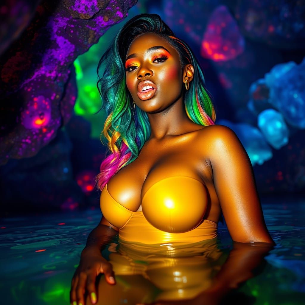 Rainbow Haired Woman in Bioluminescent Crystal Cave