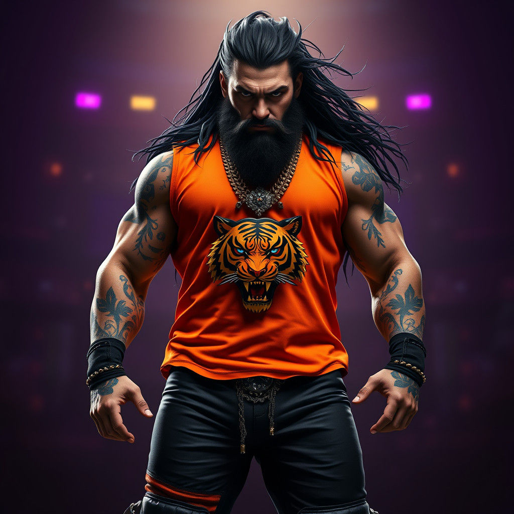 Brooding Wrestler with Tiger Necklace in Dark Fantasy Style