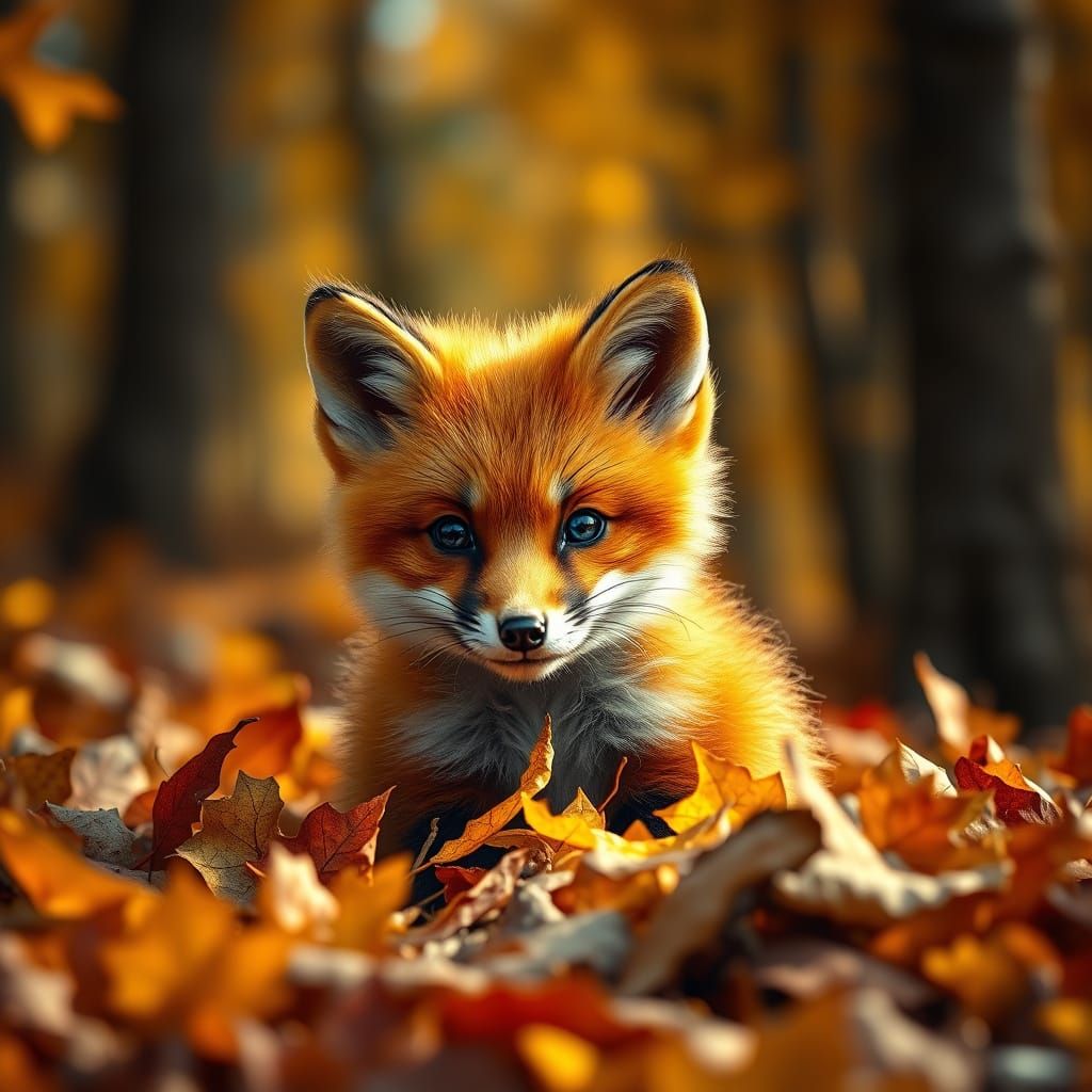Surreal Red Fox Cub Amidst Vibrant Autumn Hues