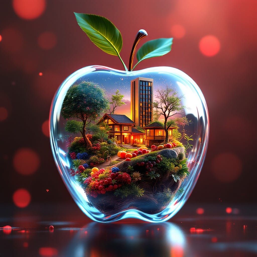 Luminous Glass Apple in Ethereal Biodiversity