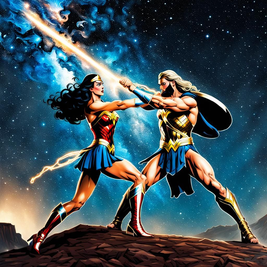 Wonder Woman fighting Zeus in the Milkyway.