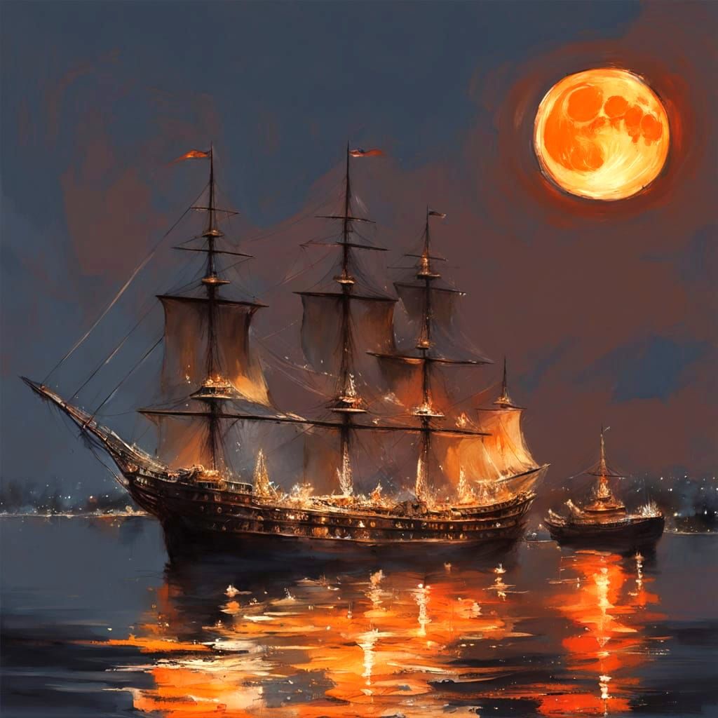 Sailing Ship Under Glowing Moonlight