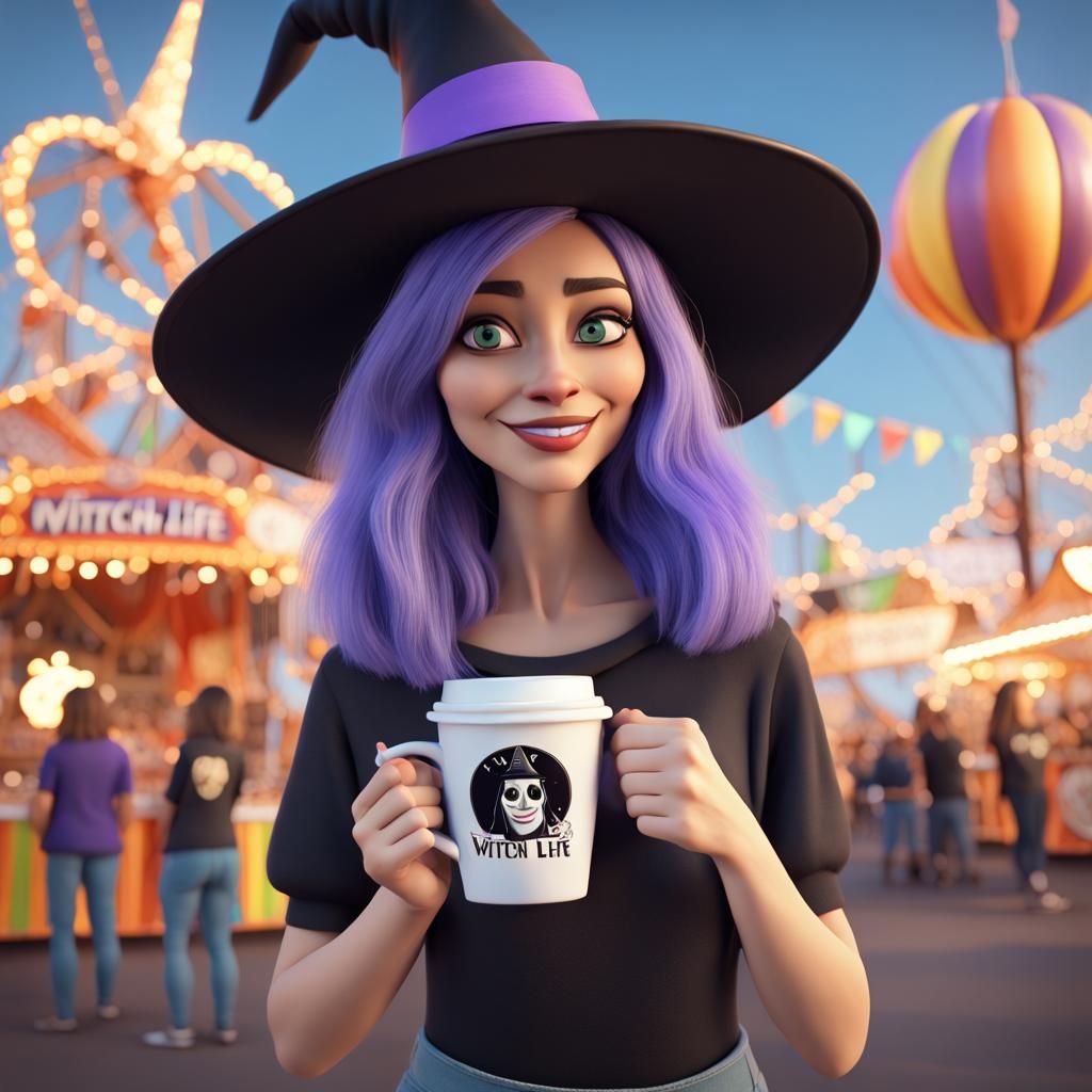 Disney Pixar style 3D beautiful woman witch, wearing a 5-Shirt saying “witch life”, standing outside at a carnival, drin...