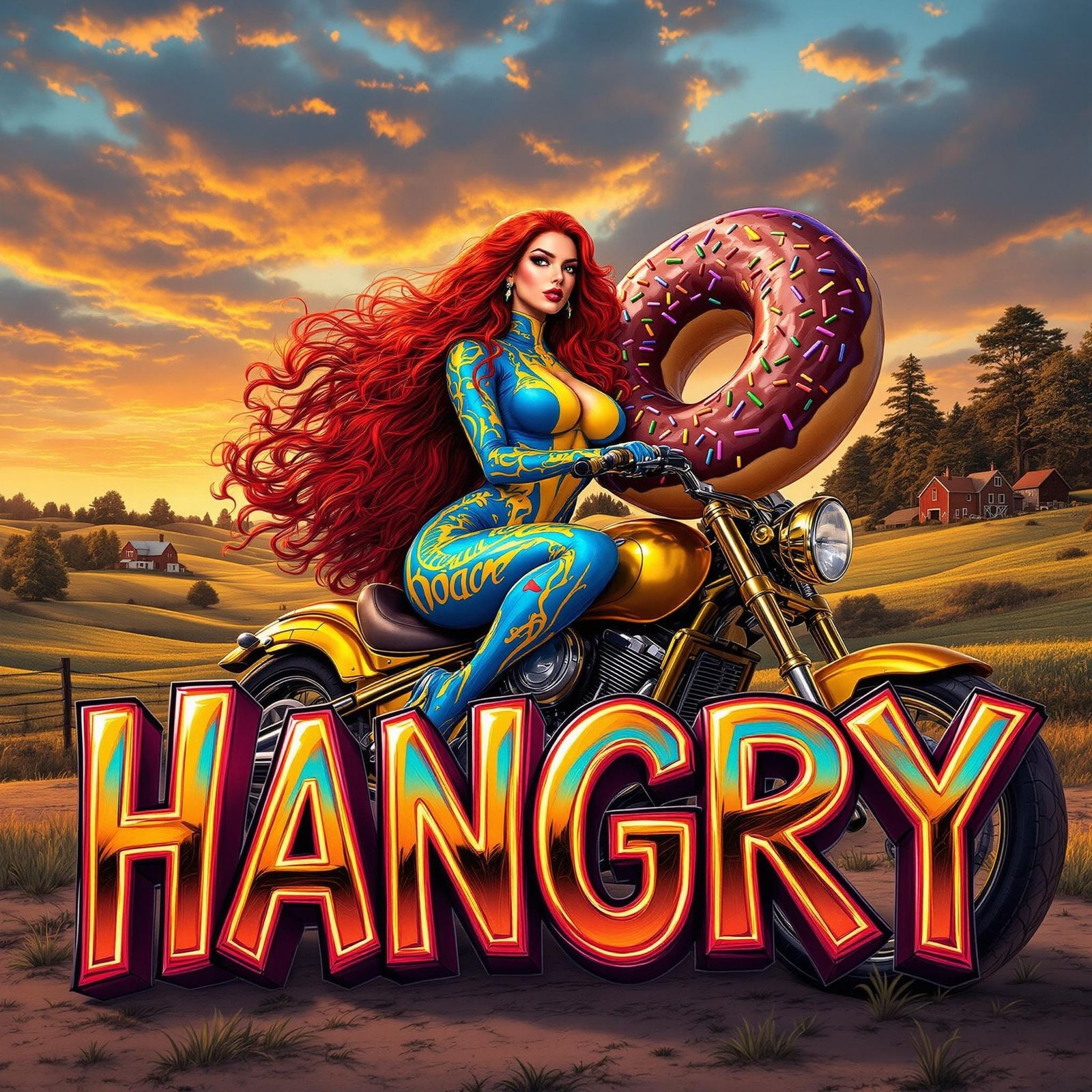 Woman on Gold Motorcycle With Donut, Comic Book Style