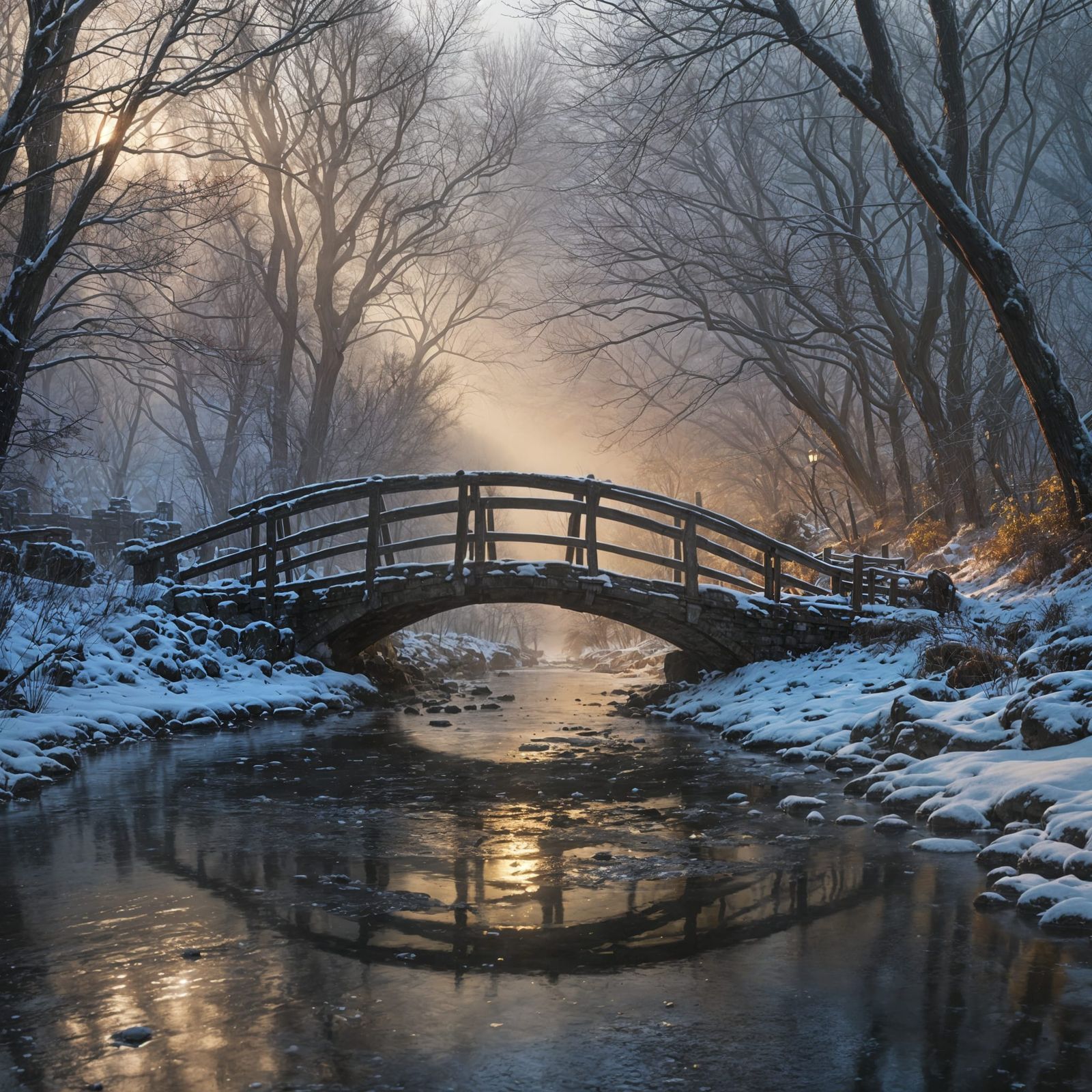 Hyperrealistic Winter Christmas Bridge at Dawn