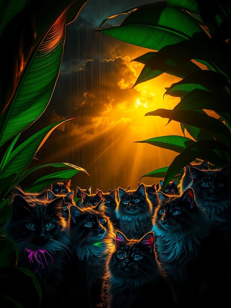 Bioluminescent Cats in a Neon Tropical Storm