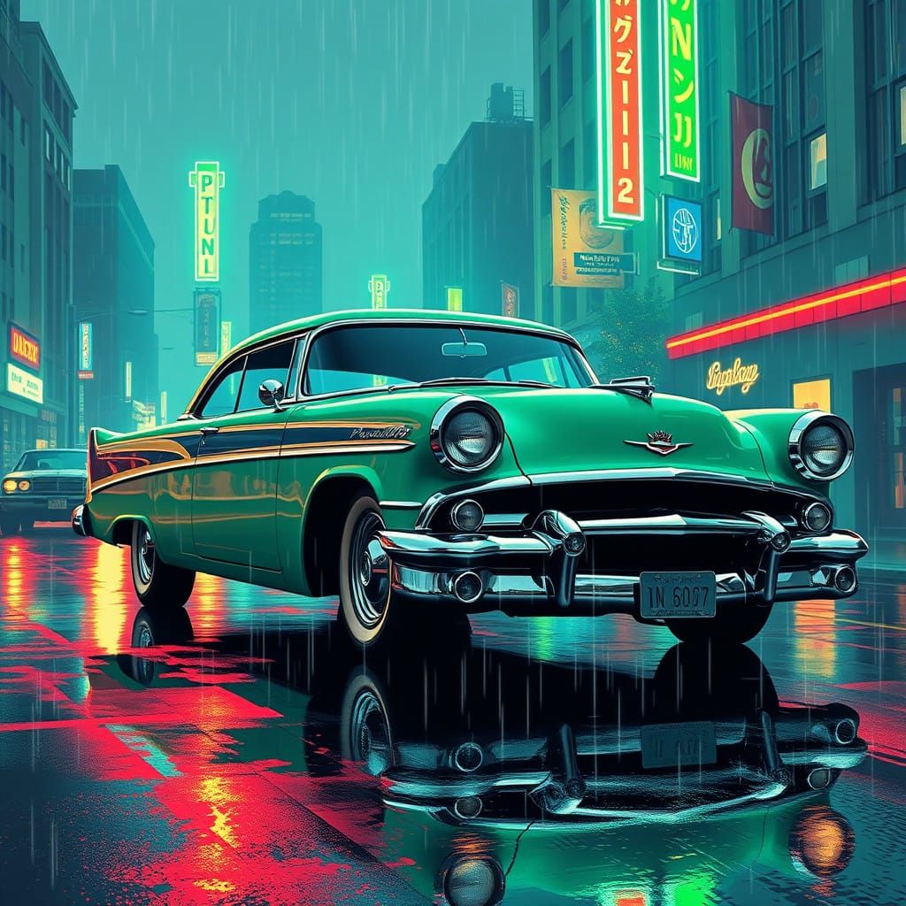 Retro-Futuristic 1955 Plymouth Sedan in Neon Light