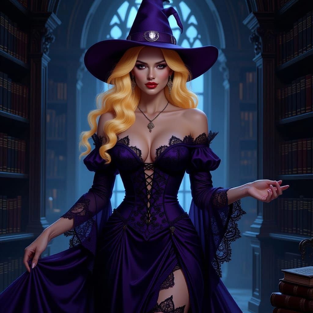 Sexy Witch with Dark Auburn Hair in Lace Dress