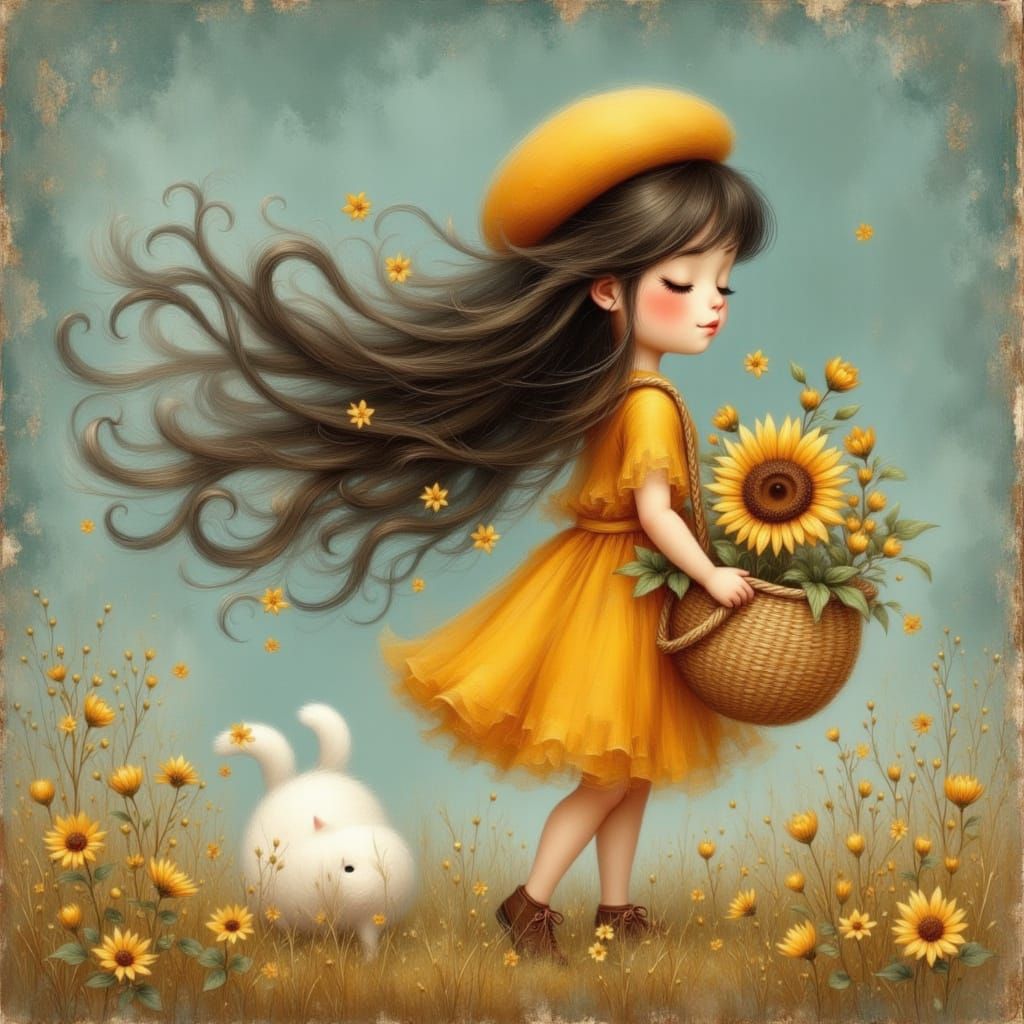 Whimsical Storybook Painting of a Gentle Girl with Sunflower...