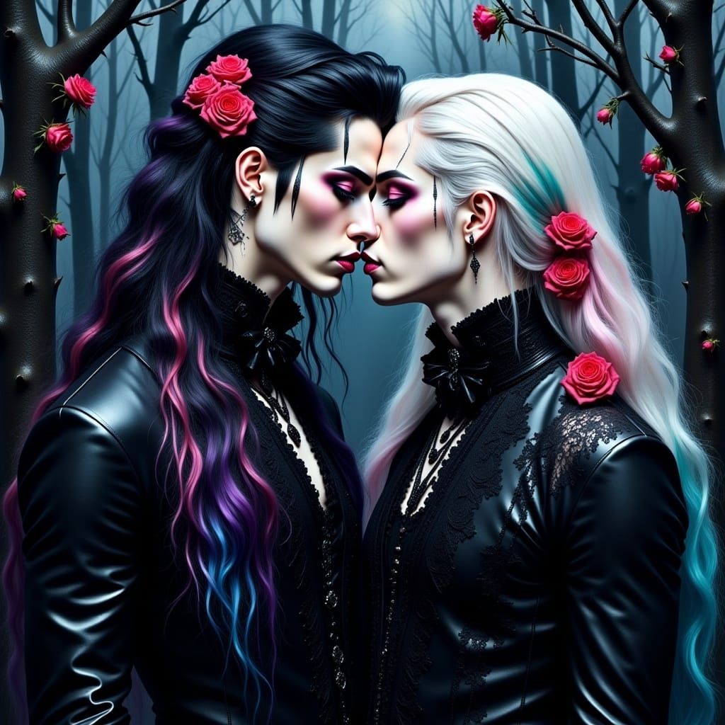 Gothic Men Kissing in Fantasy Forest Watercolor