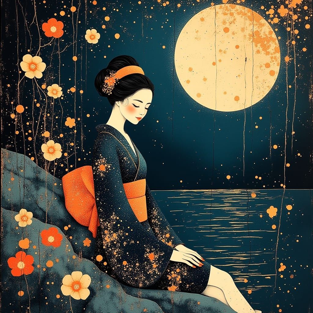 Serene Geisha Under the Moonlit Japanese Garden