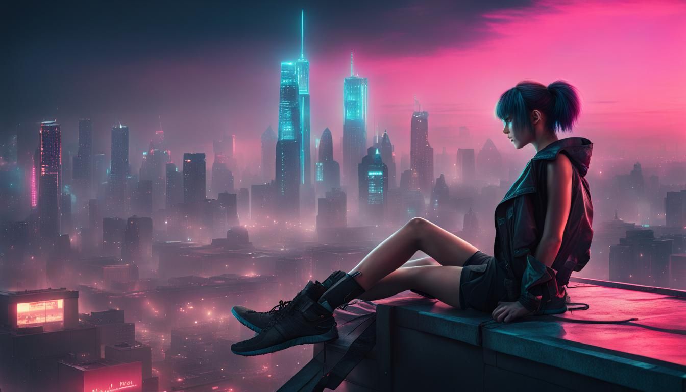 Cyberpunk Girl Gazing at Neon Cityscape