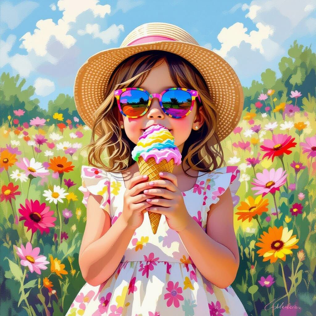 Girl with Ice Cream in Impressionist Summer Garden